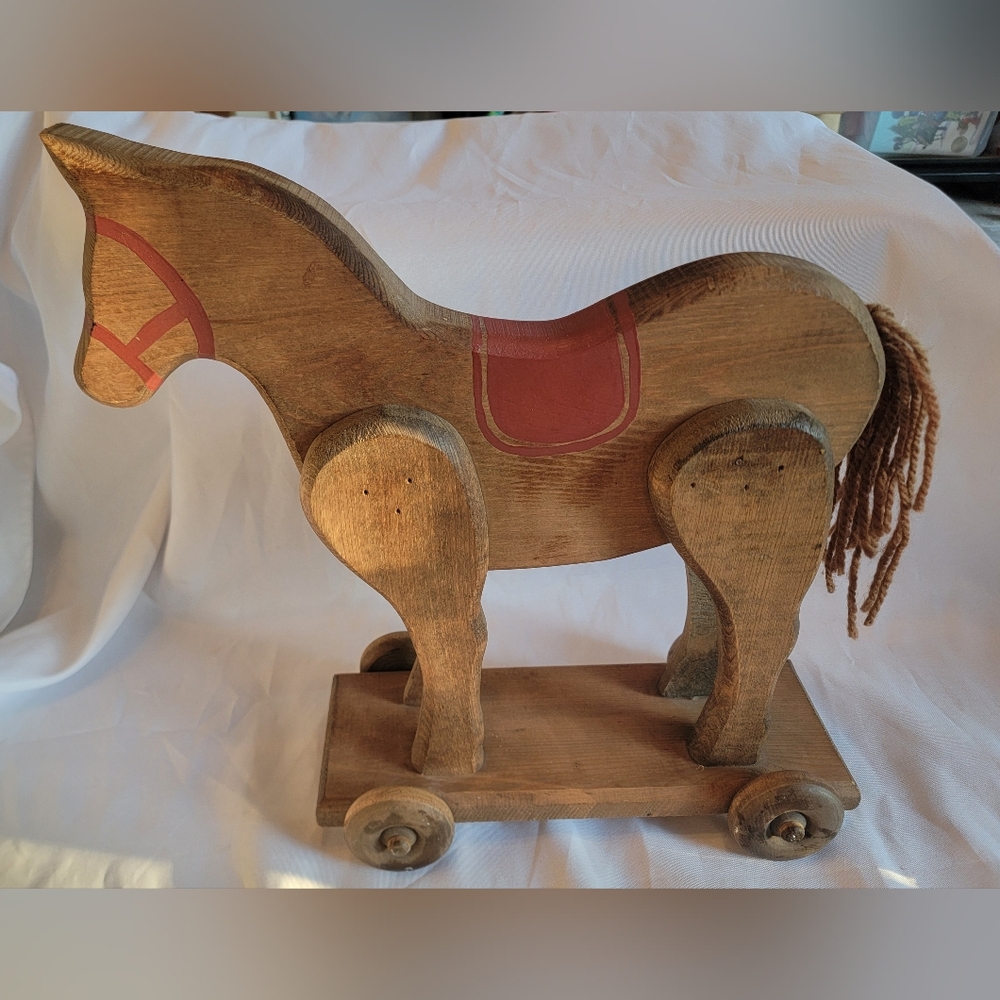 Vintage Toy Wooden Rolling Horse On Wheels